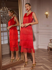 Robe midi à franges et col en V 