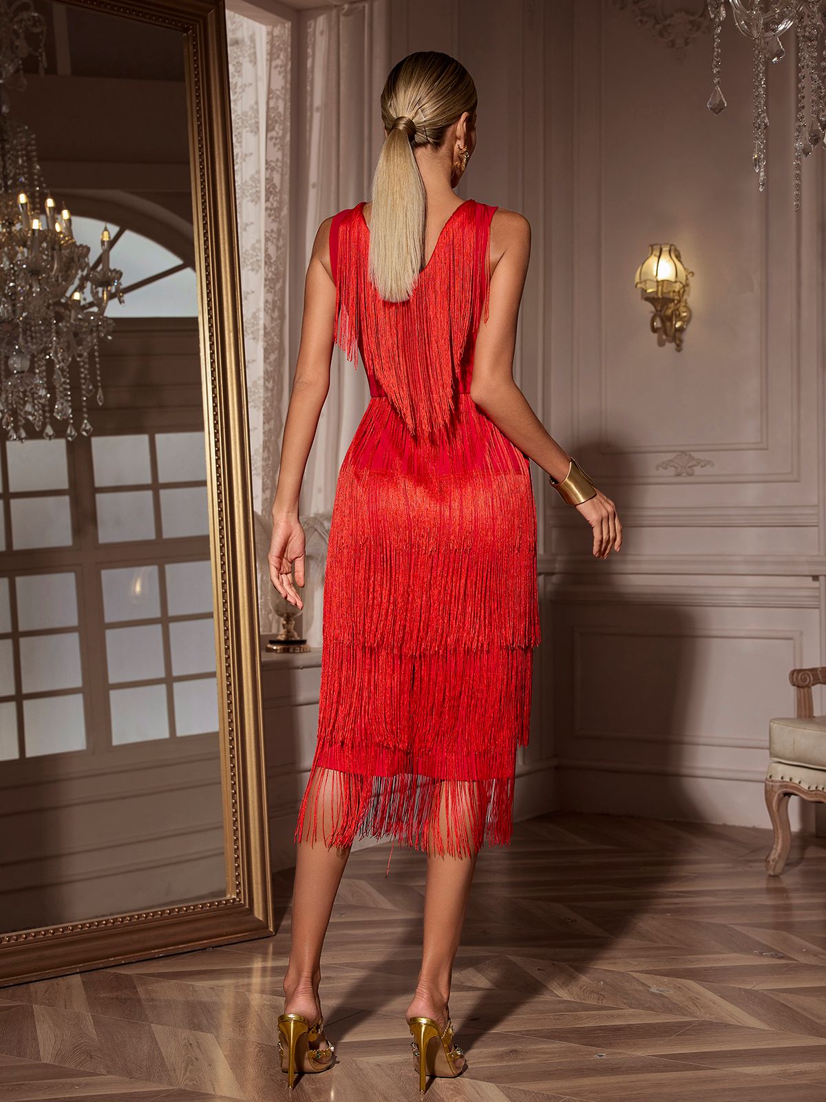 Robe midi à franges et col en V 