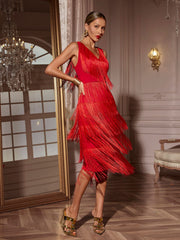 Robe midi à franges et col en V 