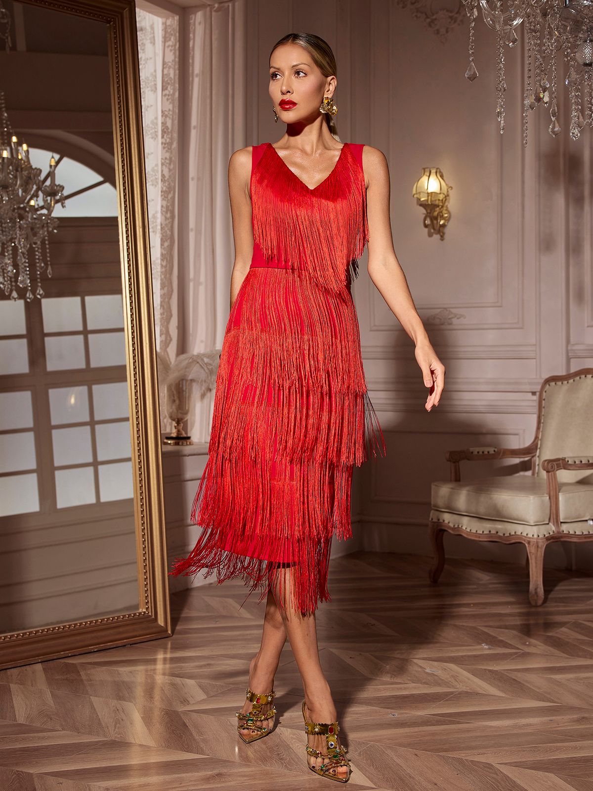 Robe midi à franges et col en V 