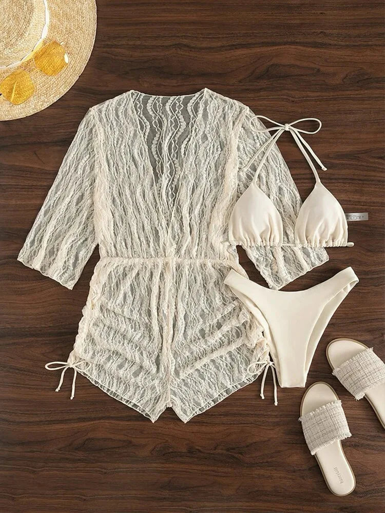 Short Sleeve Mesh One Piece 3-Piece Bikini Set with Drawstring & Printed Swimsuit Short Jumpsuit Coverup