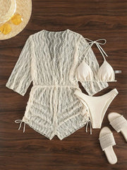 Short Sleeve Mesh One Piece 3-Piece Bikini Set with Drawstring & Printed Swimsuit Short Jumpsuit Coverup