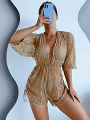 Short Sleeve Mesh One Piece 3-Piece Bikini Set with Drawstring & Printed Swimsuit Short Jumpsuit Coverup