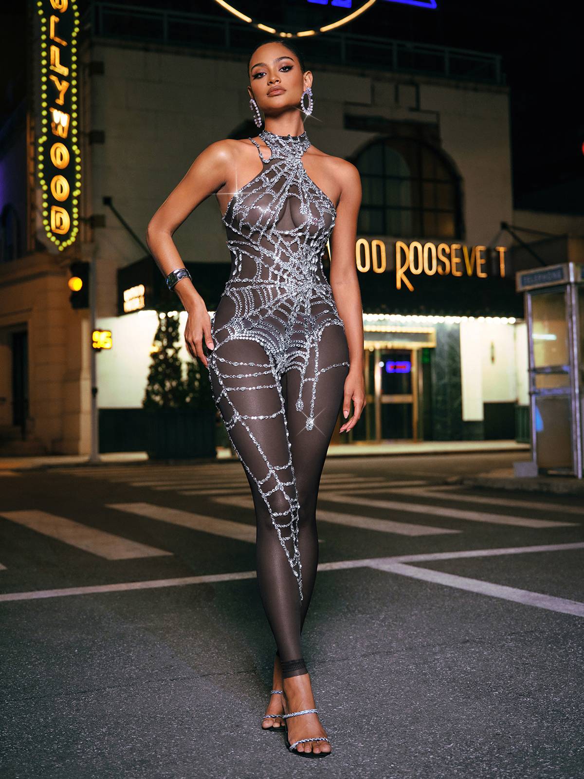 Cutout Cobweb Rhinestone Mesh Jumpsuit In Black