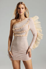 One Sleeve Diamante Ruffled Mini Dress - Beige