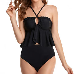 Slimming Ruffle Bikini Set Blacked with Tummy Control Cover Up Bottom for Halter Black Panties Sets
