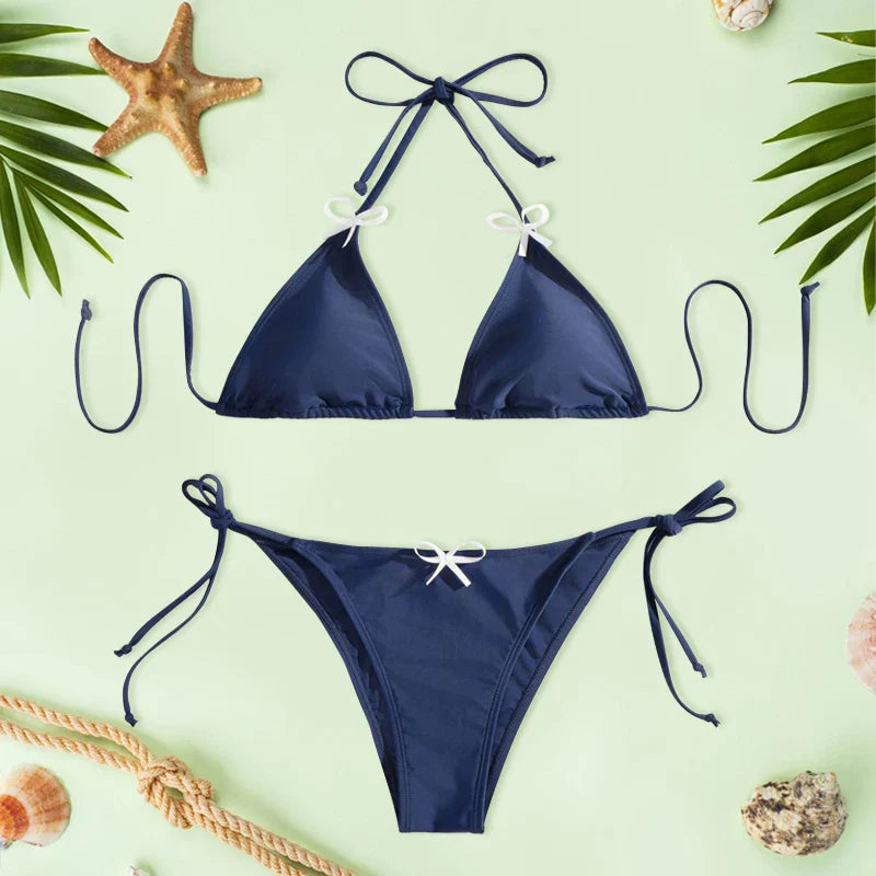 Solid Color Bikini Sets Bandage Swimwear Bikinis Triangle Bathing Swimming Suit Low Waist Biquini