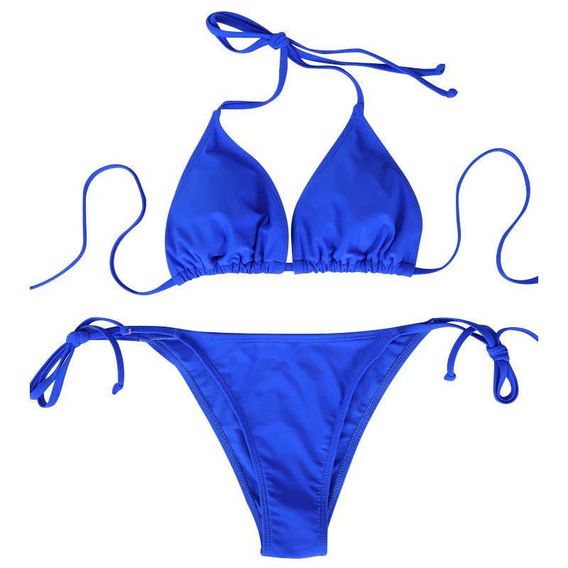 Solid Thong bikini two-piece Set Style Lace-up Lady's Swimsuit Triangular Bandage Adjustable Strap Bikini
