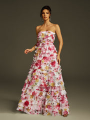 Strapless Tiered Floral Maxi Dress
