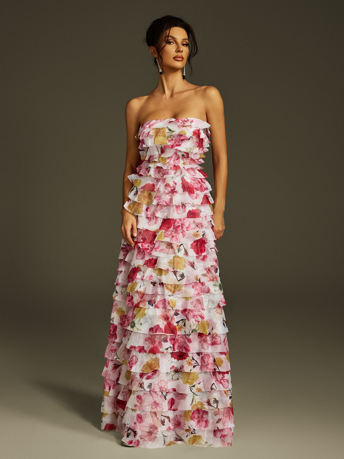 Strapless Tiered Floral Maxi Dress