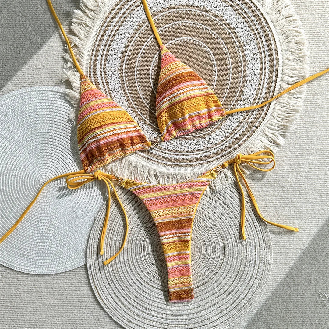 Striped Halter Bikini Two-pieces Bikini Set Strappy