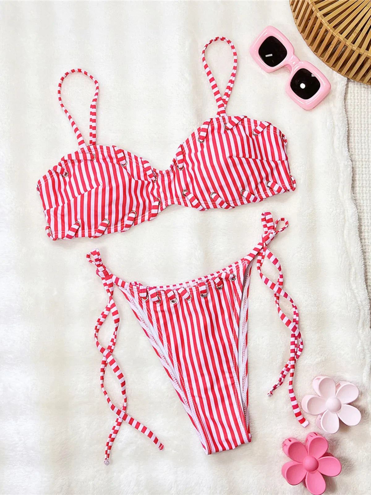 Striped Strappy Bikini Two-pieces Bikini Set