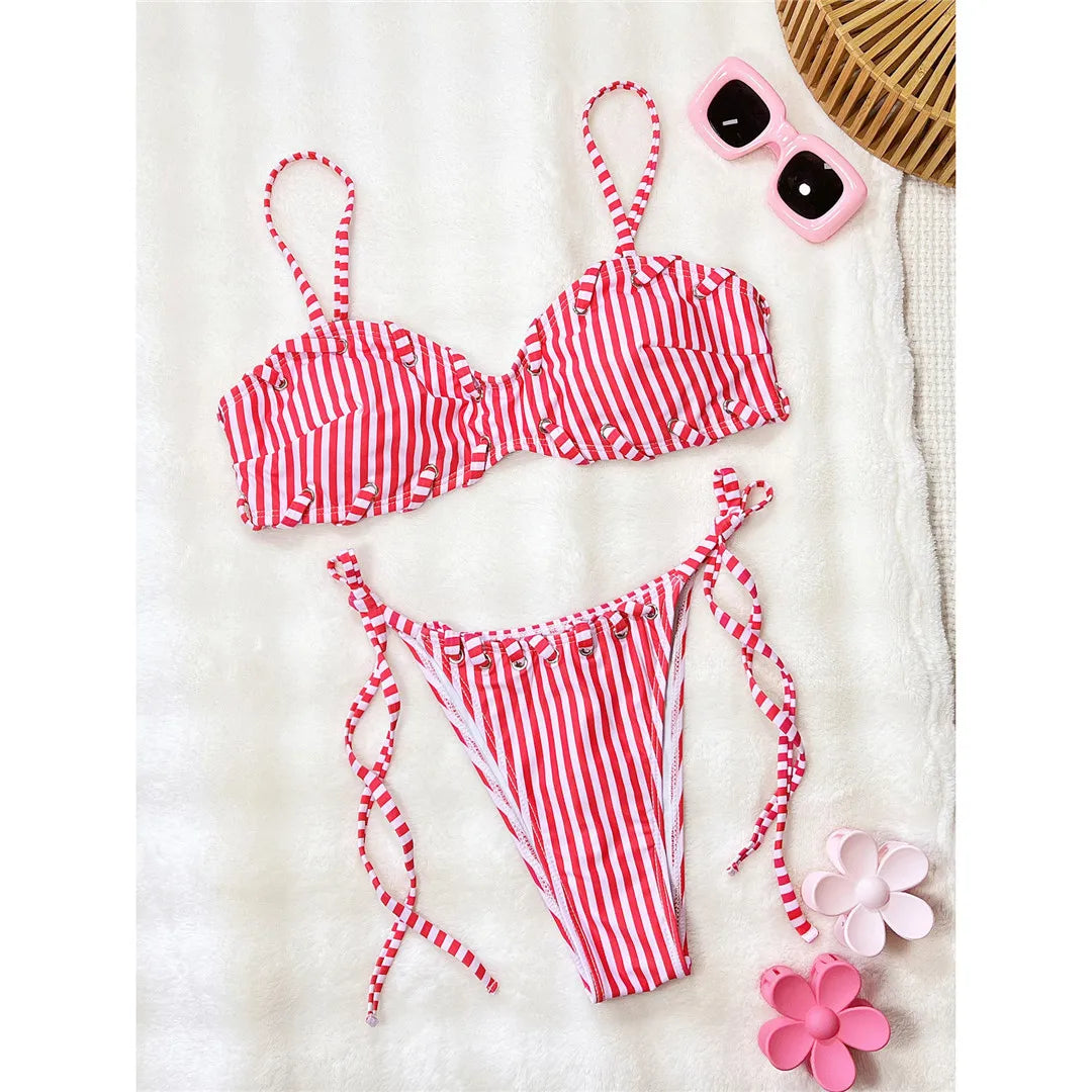 Striped Strappy Bikini Two-pieces Bikini Set