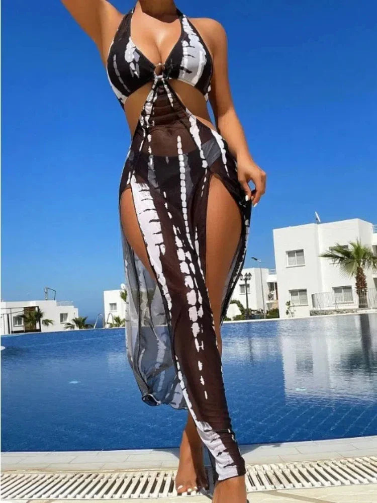 Boho Bikini 3-Piece Set Floral Lace Mesh Cover Up See Through Swimwearedwear