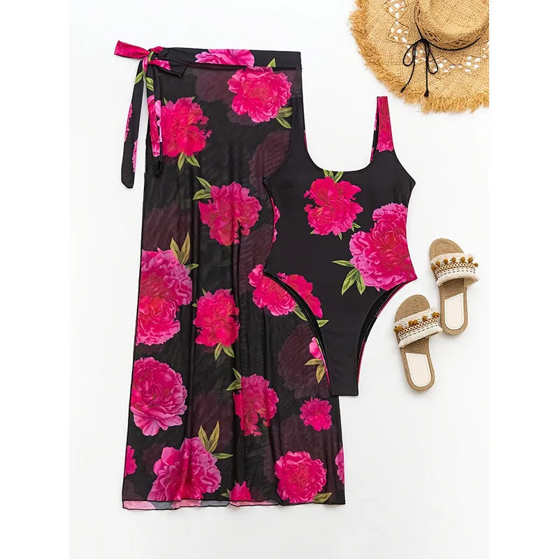 Floral Print 2-Piece Swimsuit Set One Piece Bikini with Cover Up Monokini Sundre