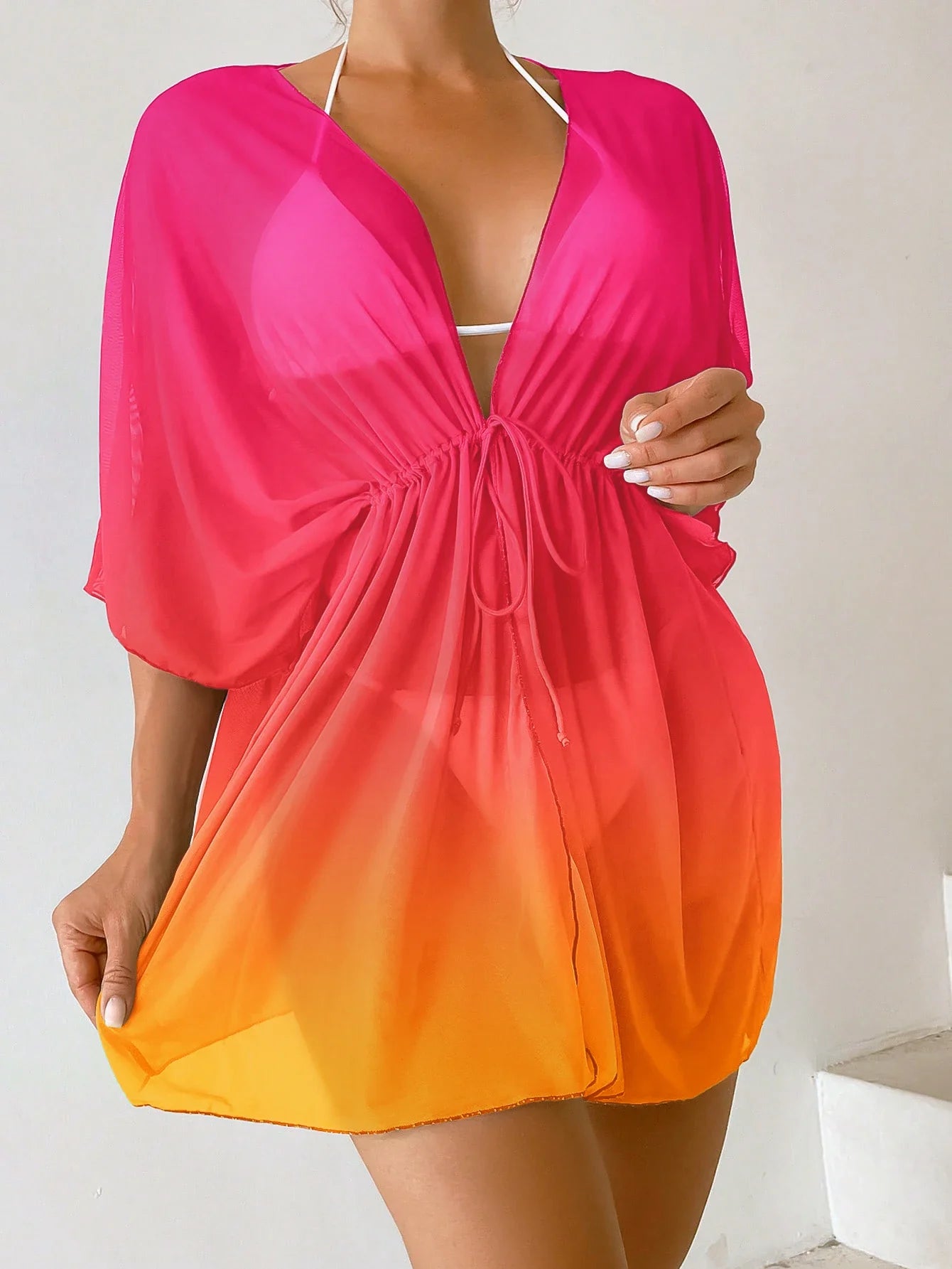 Holiday V Neck Short Sleeve Shirtswear Cover Up Gradient Print Lace Up One Piece Suit Fashion Swimwear Outfit
