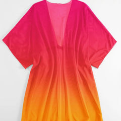 Holiday V Neck Short Sleeve Shirtswear Cover Up Gradient Print Lace Up One Piece Suit Fashion Swimwear Outfit
