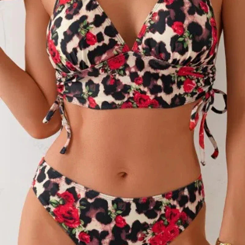 Halter Bikini Sets Fashion Leopard Printed Bandage Swimwear Corset Lingeriewear Outfit