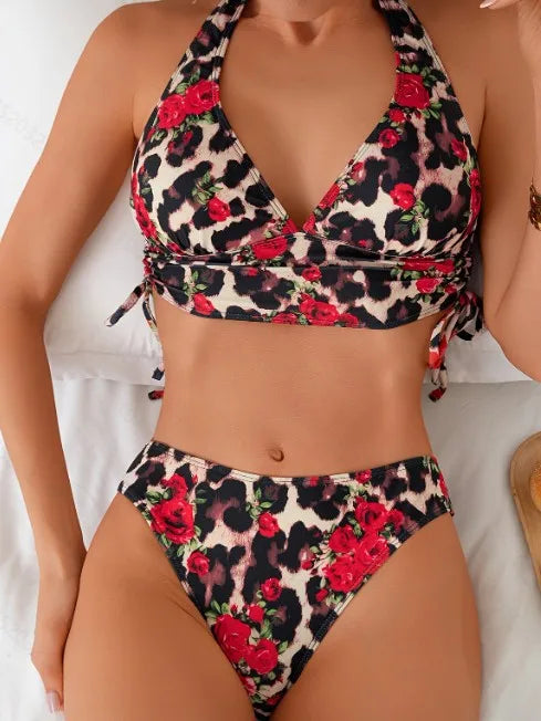 Halter Bikini Sets Fashion Leopard Printed Bandage Swimwear Corset Lingeriewear Outfit