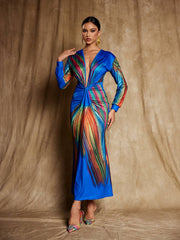Robe midi en satin imprimé à col V 