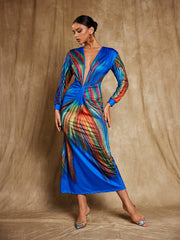 Robe midi en satin imprimé à col V 