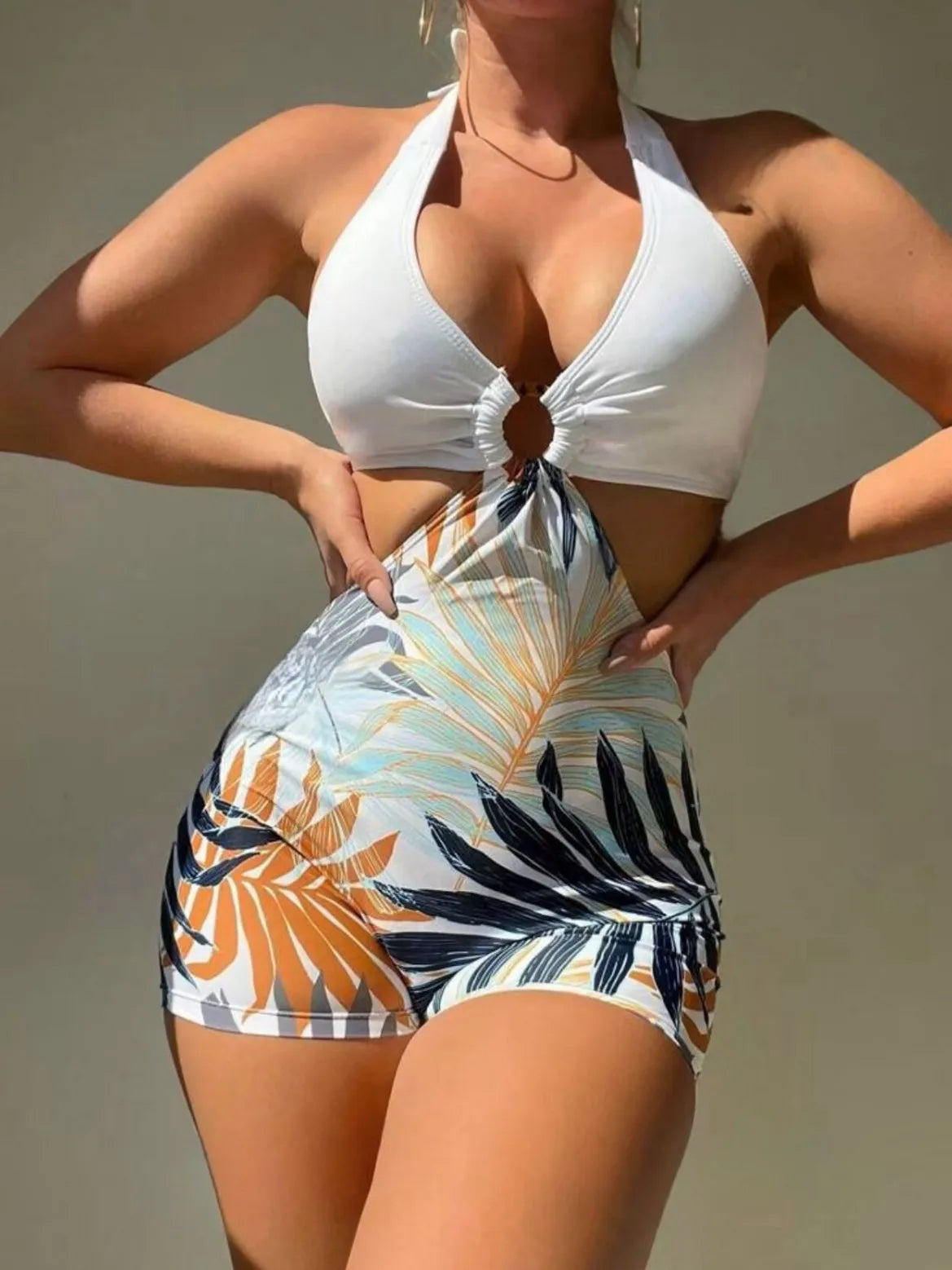 Swimsuits Woman Trend V Neck Backless Solid Halter Bikiniswear Two Piecewear