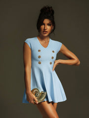 V Neck Button Knitted Mini Dress In Blue