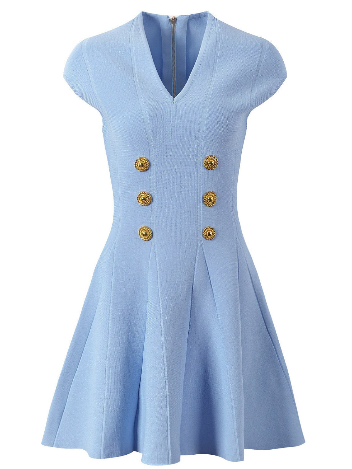 V Neck Button Knitted Mini Dress In Blue