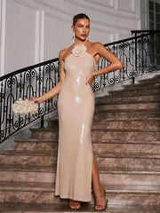 Halterneck Flower Sequin Maxi Dress In Beige