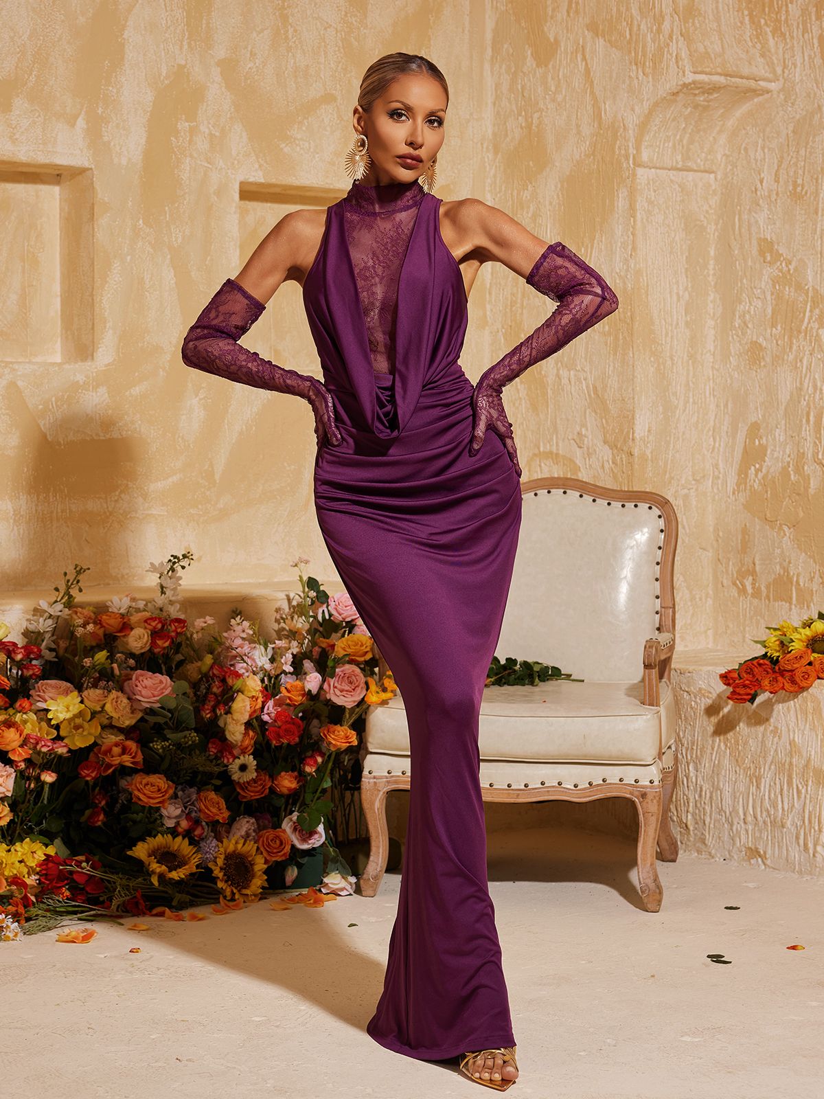 Halterneck Lace Maxi Dress With Gloves