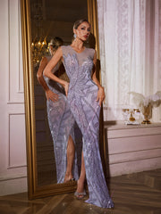 Robe longue en résille strass à feuilles 
