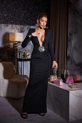 V Neck Floral Crystal Maxi Dress