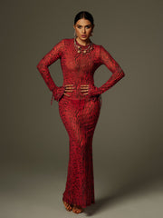 Long Sleeve Backless Leopard Maxi Dress