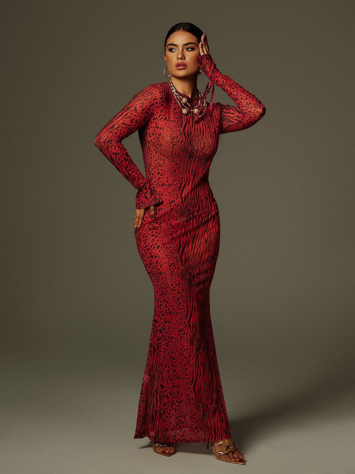 Long Sleeve Backless Leopard Maxi Dress