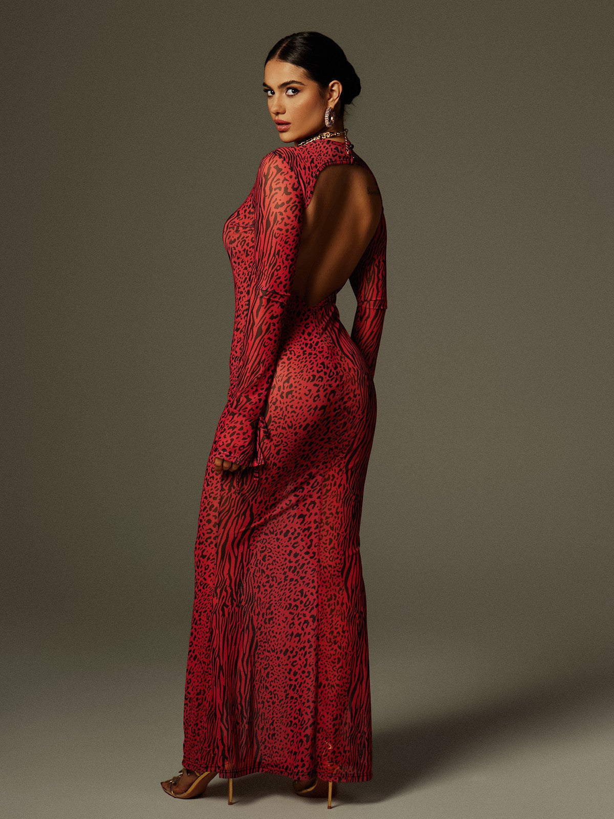 Long Sleeve Backless Leopard Maxi Dress