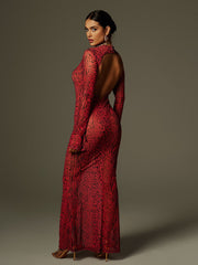 Long Sleeve Backless Leopard Maxi Dress