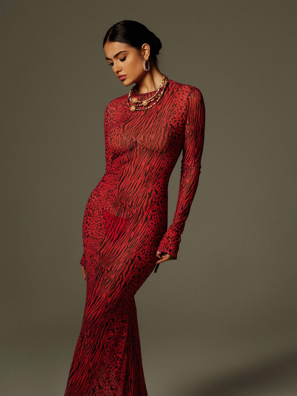 Long Sleeve Backless Leopard Maxi Dress