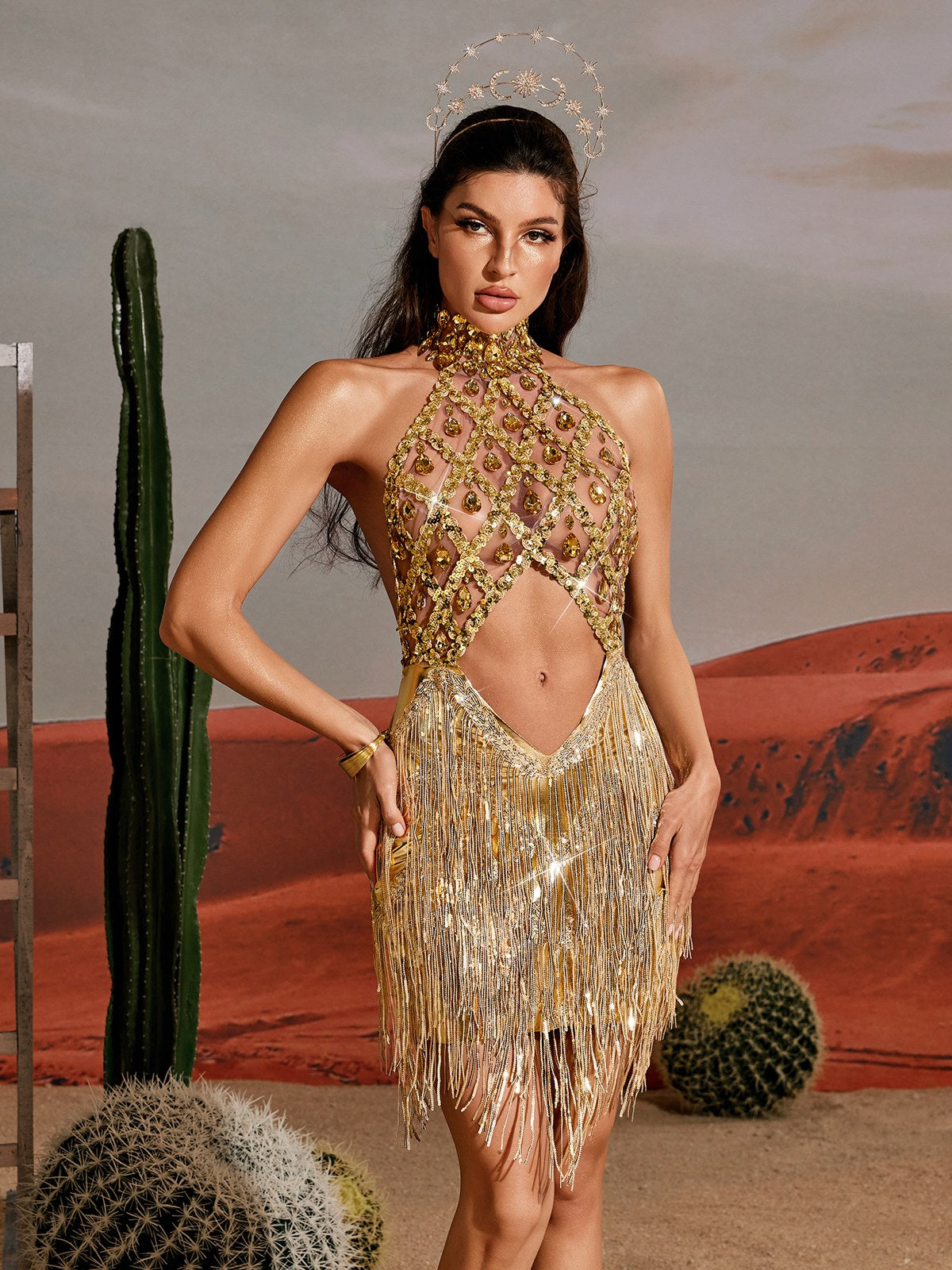 Sequin Fringe Metallic Dress In Gold