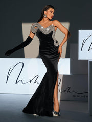 Strapless Wave Crystal Velvet Maxi Dress