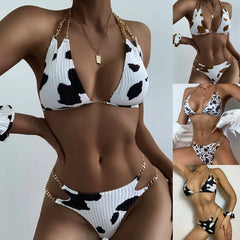 Trendy Cow Print Bikini Set Two-Piece Swimsuit with Chain Detail Open Back Swimming Lingerie