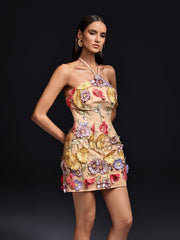 Halterneck Flower Embroidered Mini Dress