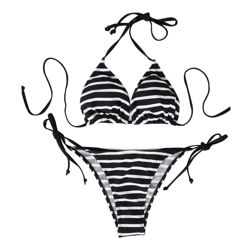Two Piece Set Triangle Bandagewear Black And White Striped Bikini Swimsuit Style Bikini