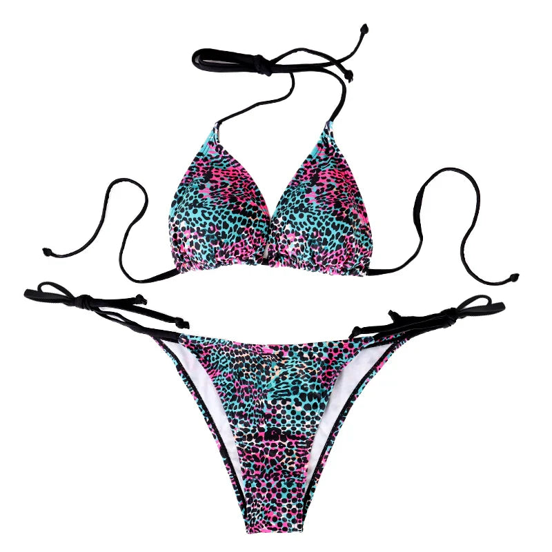 Two-Piece Split Bikini Set Strappy And Lace-Up Colorful Polka Dot Printed Lady's Bikini Swimsuit