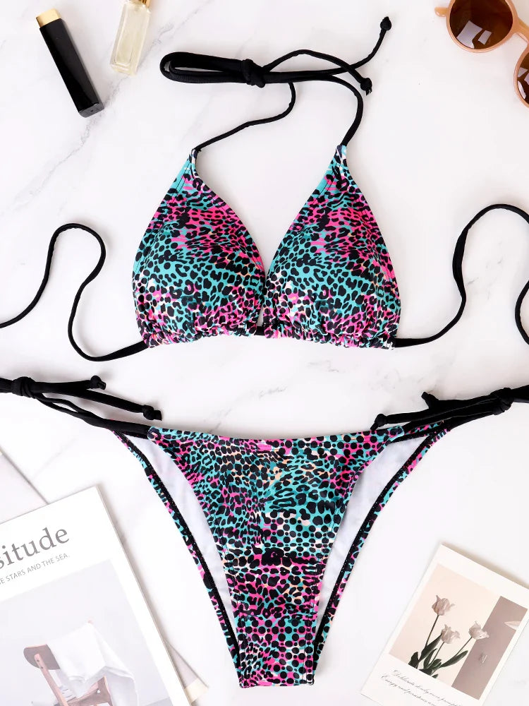 Two-Piece Split Bikini Set Strappy And Lace-Up Colorful Polka Dot Printed Lady's Bikini Swimsuit