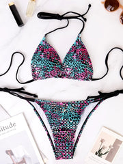 Two-Piece Split Bikini Set Strappy And Lace-Up Colorful Polka Dot Printed Lady's Bikini Swimsuit
