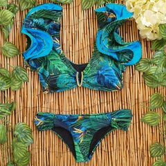 V-Neck Bikinis Ruffled Swimsuit High Wait Bikini Print Swimwear Swim Wear Bathing Suitwear