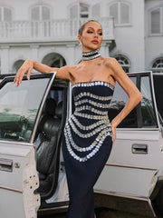 Strapless Crystal Bandage Maxi Dress With Choker