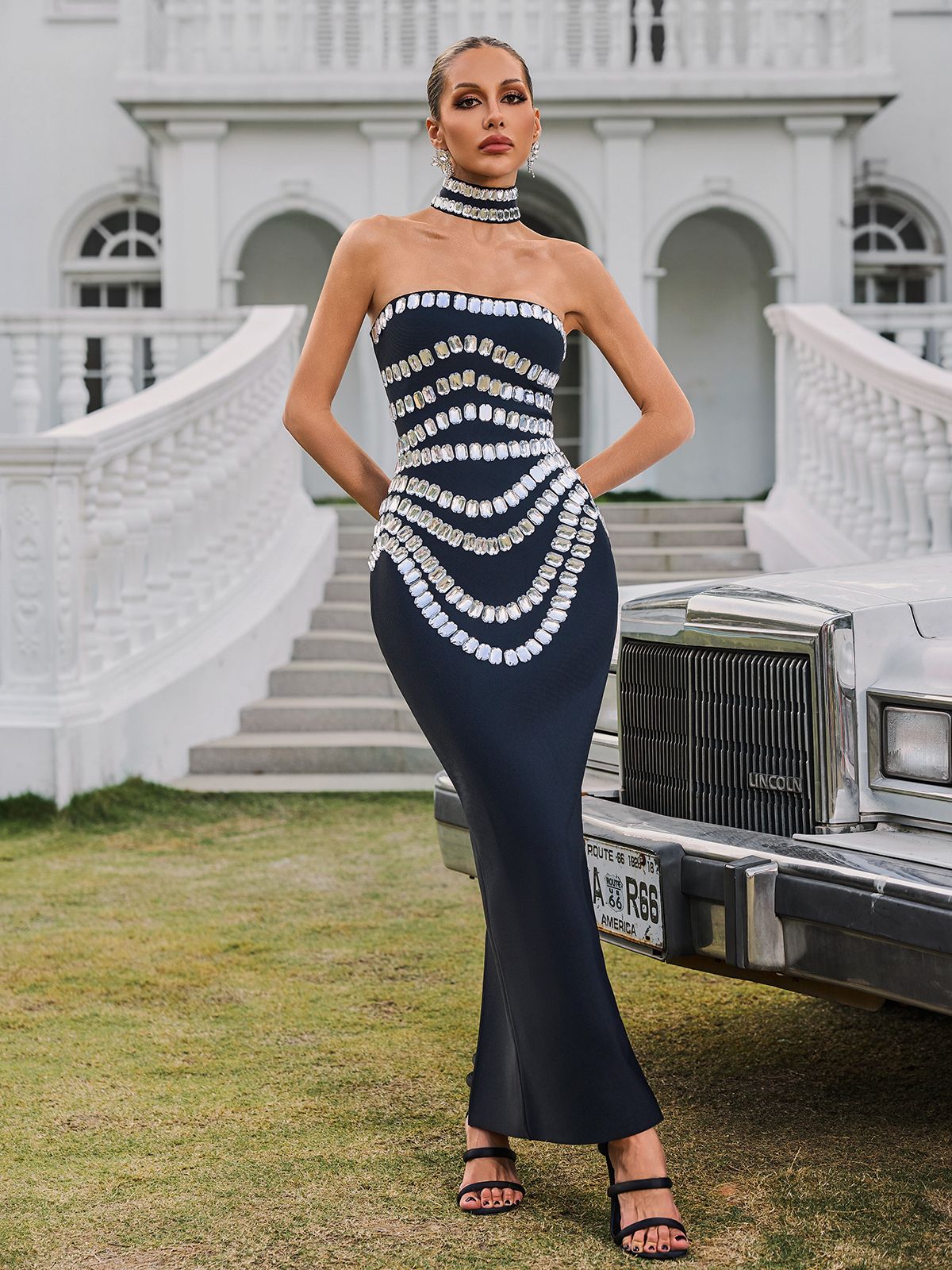 Strapless Crystal Bandage Maxi Dress With Choker