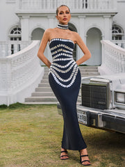 Strapless Crystal Bandage Maxi Dress With Choker