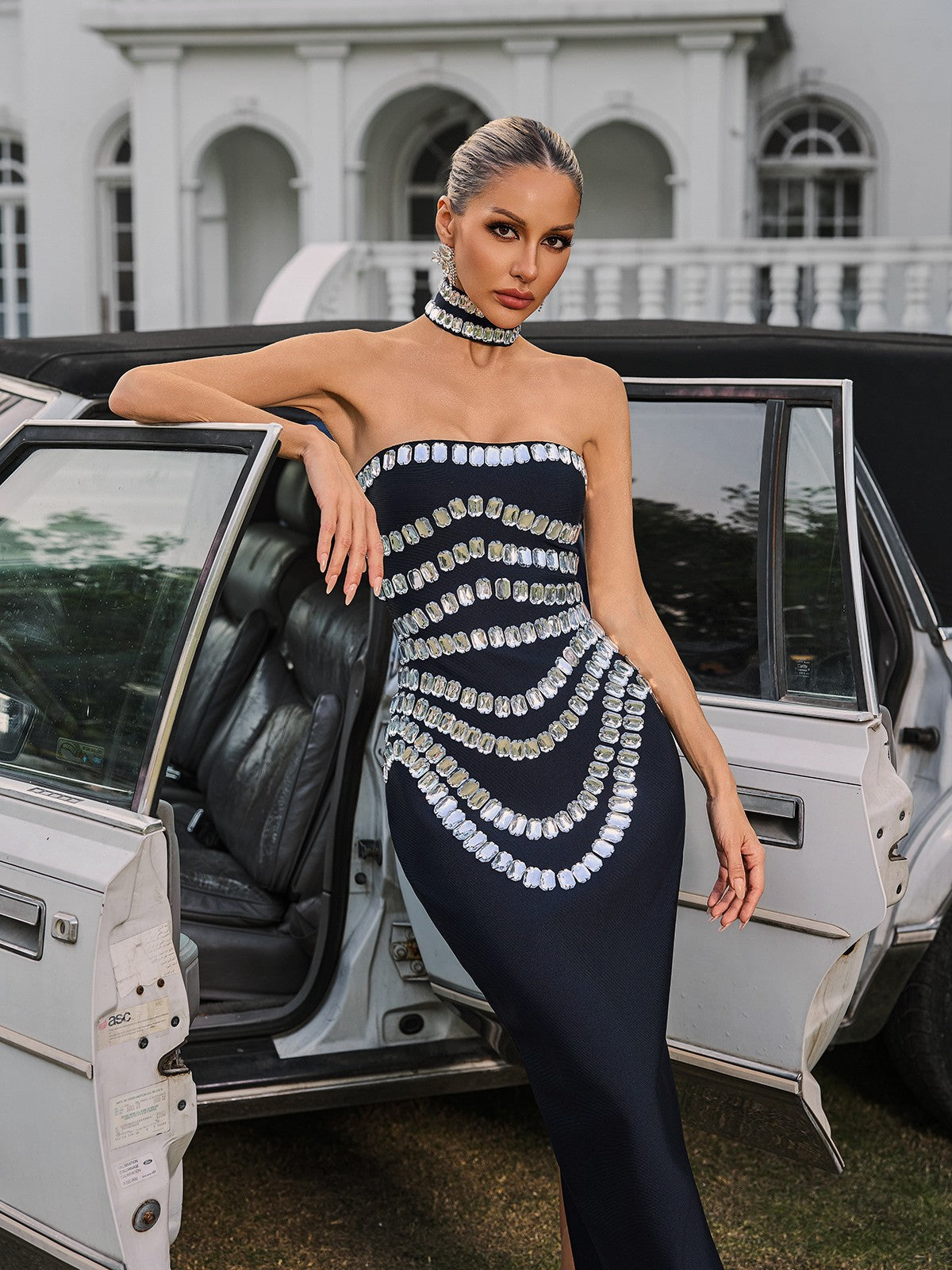 Strapless Crystal Bandage Maxi Dress With Choker